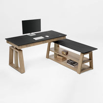 Ark Ex Executive Standing Desk With Black Desktop, Oak Veneer Base, and Integrated Storage, Modern Office Design.