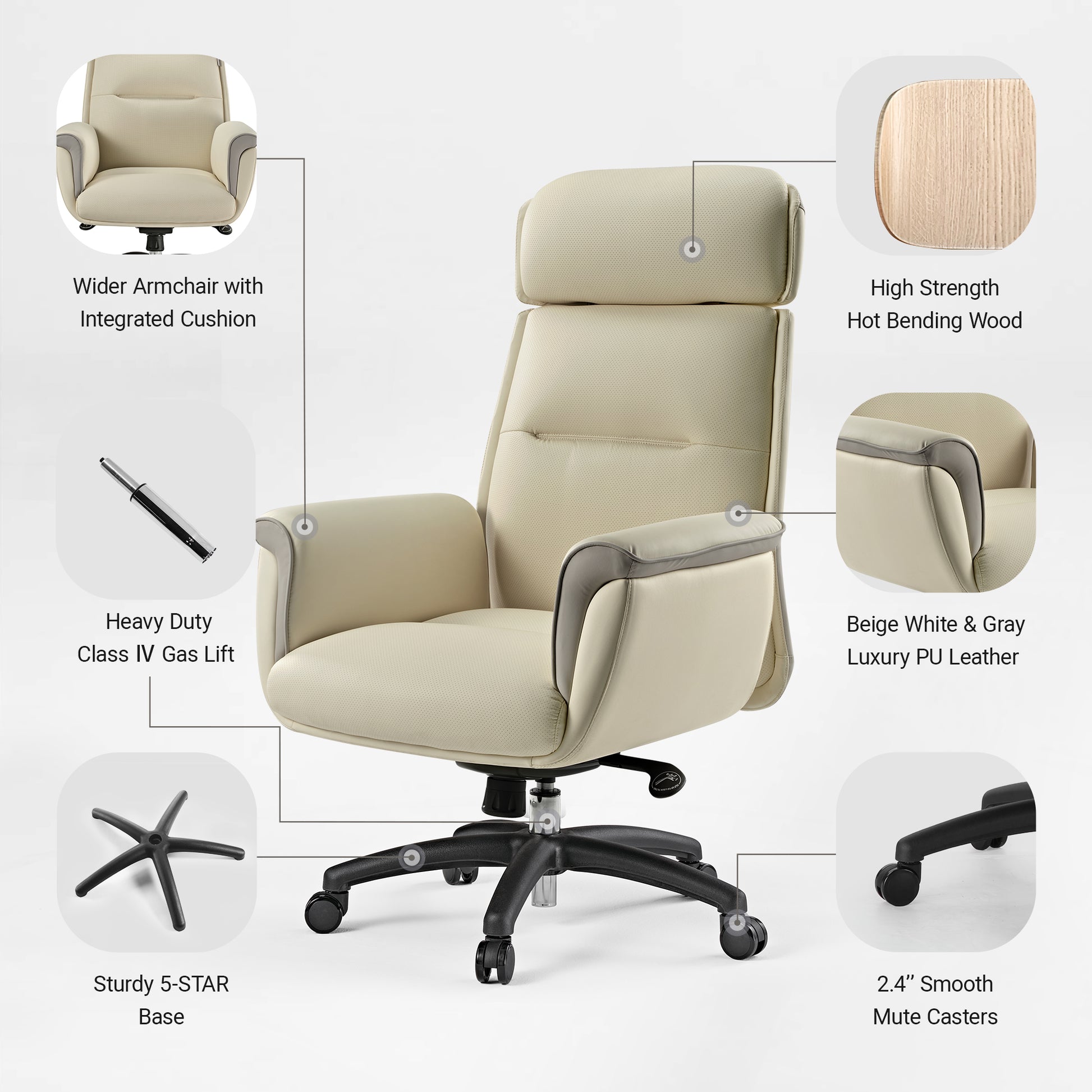 Royal Executive Office Chair - Beige Pu Leather, Ergonomic Design With Integrated Cushion and 5-Star Base.
