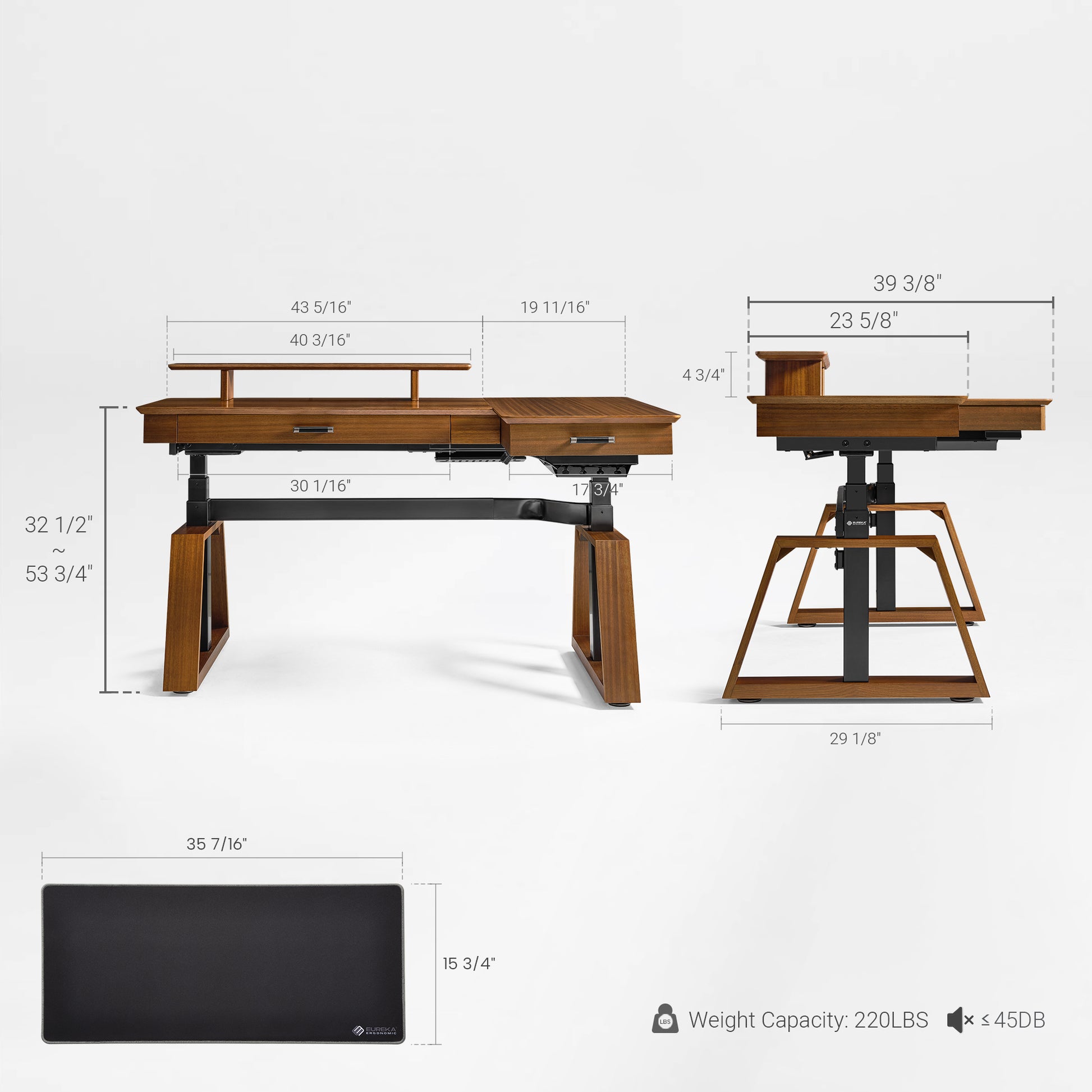 Eureka Ergonomic Ark Pro standing desk measurement views