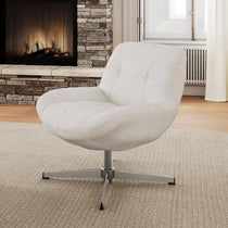 Eureka Ergonomic Henry Chenille Swivel Lounge Chair in Off-White, 360° Rotation, Modern Design, in Front of Fireplace.