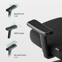 Eureka Ergonomic Exis ergonomic office chair armrest adjustments: 1.96" forward/back, 360° rotation, 3.14" up/down. Features diagram.