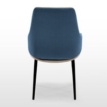 Juliet Dining Armchair Back View. Blue Fabric Backrest, Cream Trim, Black Legs. Modern Dining Room Furniture.
