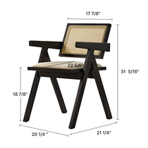 Eureka Ergonomic Black Mila Mid-Century rattan dining chair with cream cushion, dimensions shown.