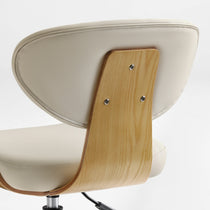 Eureka Ergonomic Cream faux leather office chair back with light wood veneer shell showcasing stitching and wood grain detail.