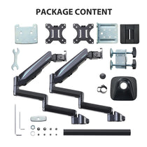 Eureka Ergonomic Dual Monitor Arm Package Contents: Arms, Mounting Hardware, and Tools.