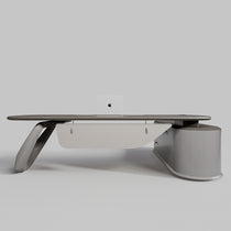 Eureka Ergonomic Zen Orion executive desk with elliptical wood-grain top, curved metallic legs, textured panel, and rounded storage cabinet.