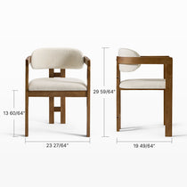 Eureka Ergonomic Elle Boucle Dining Chair in ivory with walnut wood frame, front and side views with dimensions, mid-century modern style.