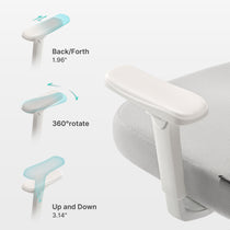 Eureka Ergonomic Exis ergonomic office chair white armrest showing 3D adjustability: 1.96" back/forth, 360° rotation, 3.14" up/down.