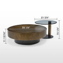 35 Brown Coffee Table With Glass Side Table Set, Bronze Finish, Modern Design, Dimensions Displayed.