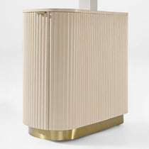 Opal Oval Executive Standing Desk Cabinet Detail. Light Beige Ribbed Panels, Brass Base. Modern Ergonomic Design.