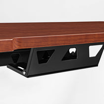 Ark Lite Standing Desk Detail: Warm Woodgrain Finish, Black Metal Support, Ergonomic Desk.