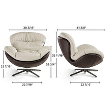 Alexia Swivel Lounge Chair With Dimensions, Cream and Brown Vegan Leather, Ergonomic Design.