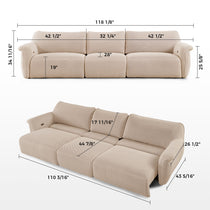 Vero Power Sleeper Sofa Dimensions, Light Beige Modular Sofa, Breathable Fabric, Modern Design, Measurements Shown.