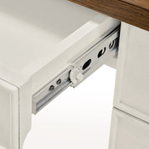 Farmhouse Office Desk Detail: White Drawer and Wooden Top, Vintage Style, Drawer Slide.