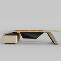 Eureka Ergonomic Zen Lunar executive desk, dual-tone wood and marble top, matte black base, beige storage unit.