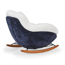 Chloe Comfy Rocking Lounge Chair in Navy With Off-White Sherpa Cushion and Wooden Rockers.