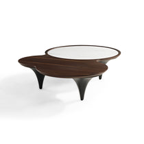 55 Modern Irregular Walnut Coffee Table With White Marble Top, a Stylish Living Room Centerpiece.