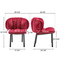 Rlesana Red Velvet Dining Chair, Dimensions Shown. Features Quilted Petal Back, Black Legs. Luxurious Dining Room Furniture.