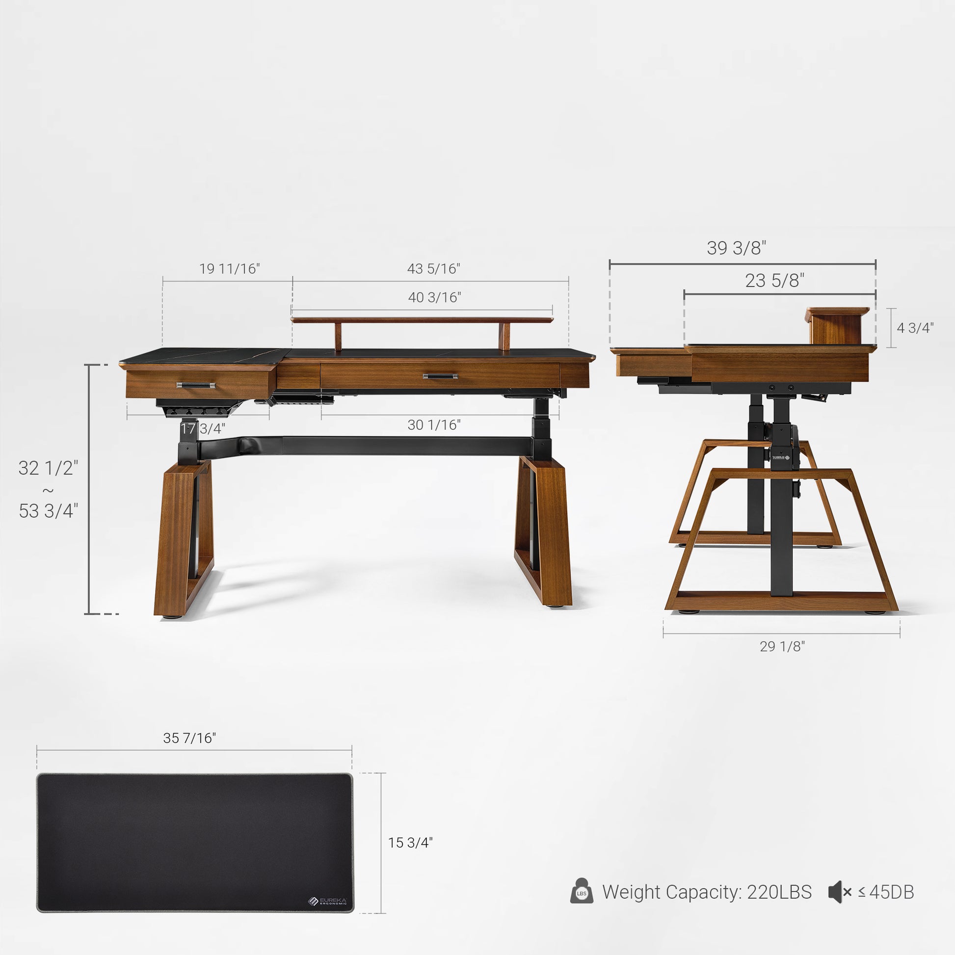 Eureka Ergonomic Ark Pro sintered stone desk measurement views
