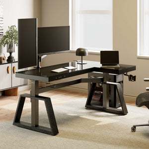 GTG-L60, L-shaped Glass Desktop Gaming Standing Desk, Black-colored, Right