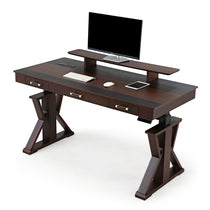 Ark Sws Pro Executive Standing Desk Dark Brown Wood Finish, X-Shaped Legs, Monitor and Accessories.