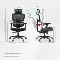Eureka Ergonomic Cyra ergonomic chair dimensions diagram: front/side views, height, width, recline angle. Specs: 5'1"-6'3", 300LBS.