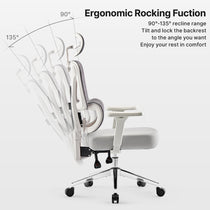 Eureka Ergonomic Exis ergonomic office chair demonstrating its 90°-145° recline function, with a light gray seat, white frame, and striped mesh back.