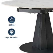 Amelia Round Extending Dining Table With White Granite Top and Black Base, Capacity 450Lbs, High Hardness.