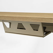Ark Lite Standing Desk Detail, Light Woodgrain Surface and Brushed Metal Cable Management Support, Ergonomic Design.