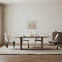 Stella 86.06 Oval Dining Table in Gray With Chairs. Modern Dining Room With Neutral Tones and Elegant Design.