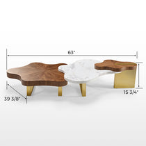 63-Inch Cloud Coffee Table Set With Walnut Wood, White Marble Top, and Gold Legs. Modern Living Room Furniture.