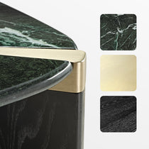 Prada Green Marble Coffee Table Detail, Highlighting Marble Surface, Gold Trim, and Black Wood Base. Modern Luxury Furniture.