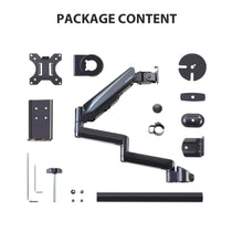 Eureka Ergonomic Single Monitor Arm Package Content, Includes Mounting Hardware and Accessories for Easy Setup.