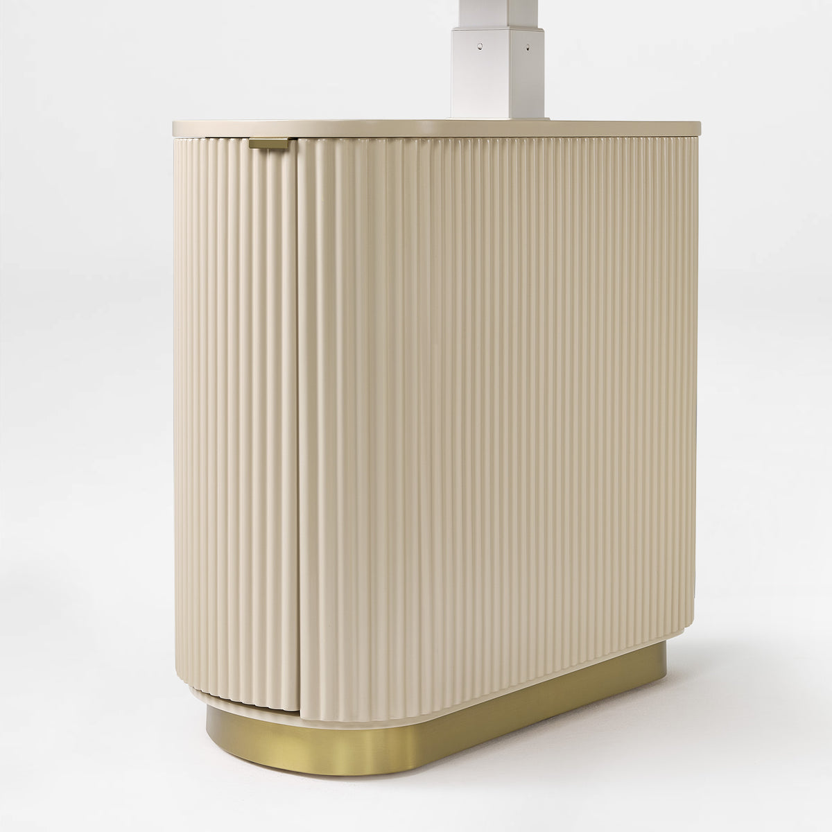 Opal Oval Executive Standing Desk Cabinet Detail. Light Beige Ribbed Panels, Brass Base. Modern Ergonomic Design.