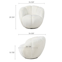 White Adele Upholstered Swivel Chair With Dimensions, 34 5/8, 28 3/4, 16 7/8, and 20 7/8, Ideal for Modern Living Spaces.