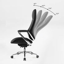 Eureka Ergonomic Nox black genuine leather executive chair recline angles from 97 to 121 degrees with chrome accents and base.