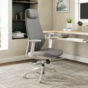 Skylar-Lite Ergonomic Office Chair in Modern Office Setup. Gray Woven Fabric and White Frame, Ergonomic Design.