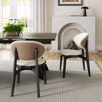 Off-White Leather Cedar Dining Chairs With Woven Back and Dark Wood Frame, Modern Dining Set.