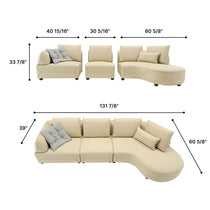 Leah Curved Sofa in Beige Leather With Dimensions, Minimalist Living Room Furniture.