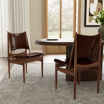 Brown Leather Dining Chairs Lavish Set of 2, Mid-Century Modern, Solid Wood.
