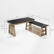 Ark Ex Executive Standing Desk, Black Faux Leather Desktop, Oak Veneer Base, Dimensions Shown.