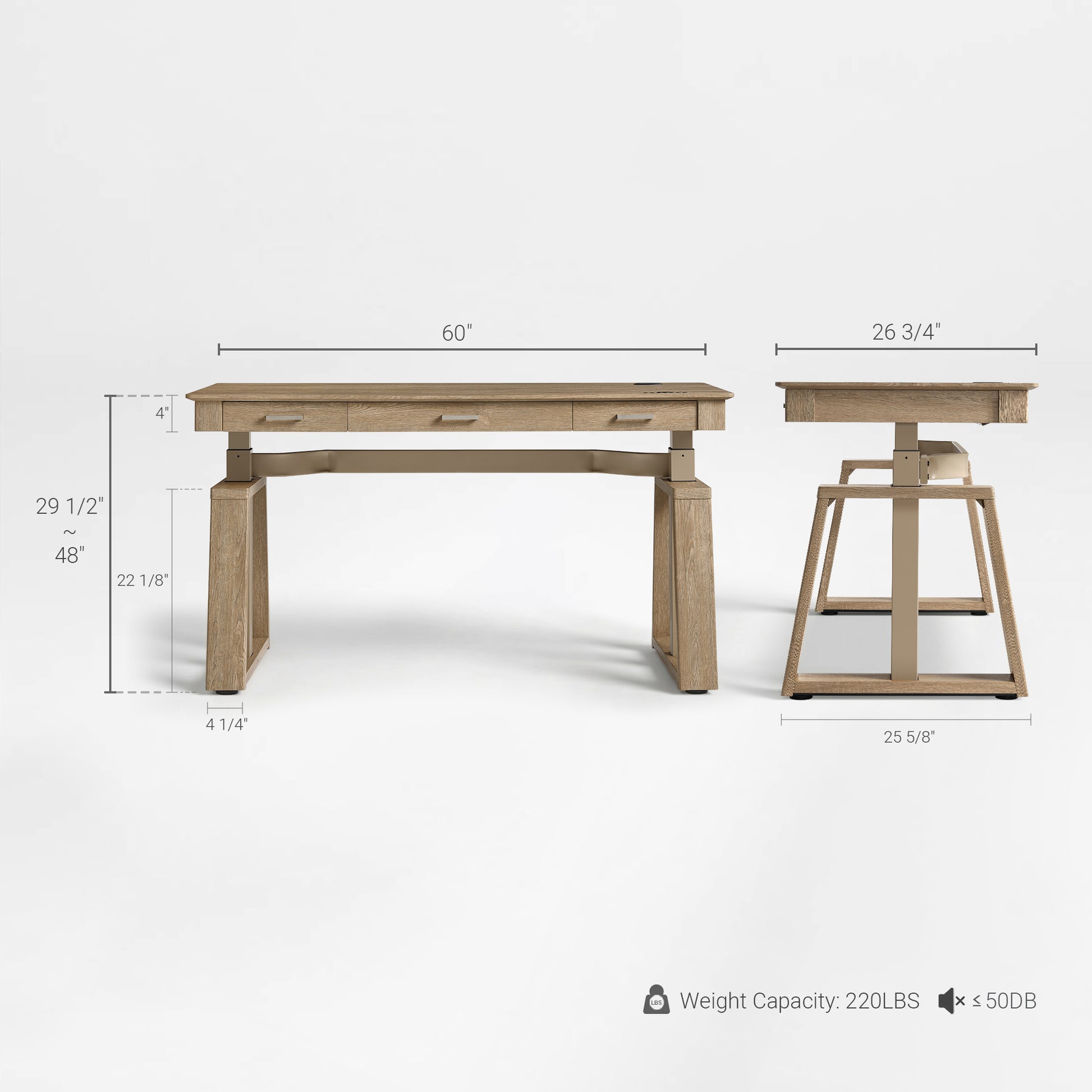 Ark El Executive Standing Desk With Dimensions: 60 Top, Adjustable Height, and Oak Veneer Finish.