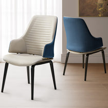 Juliet Dining Armchair Set of 2, Featuring Cream Seat, Blue Armrests, and Black Legs. Modern Dining Room Furniture.