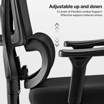 Eureka Ergonomic Exis ergonomic office chair close-up on adjustable lumbar support with textured grip, 4 levels of support.