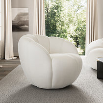 White Upholstered Swivel Chair, Adele Design, Ideal for Modern Living Room. Features Unique Petal-Like Backrest.