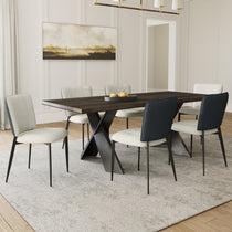 Aspen Dining Set, Dark Wood Table, Woven Leather Chairs in Indigo Blue and Off-White, Modern Dining Room.