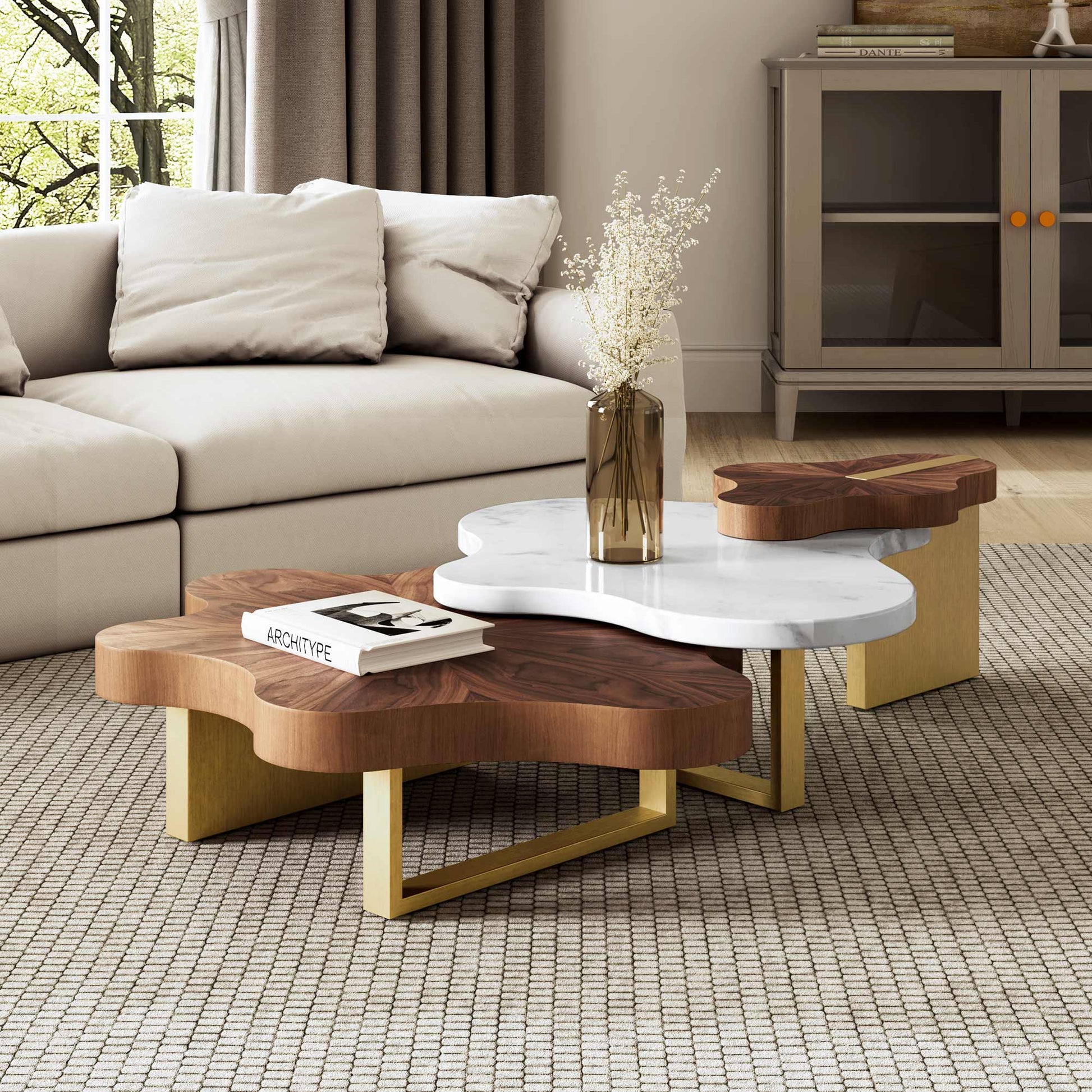 Eureka Ergonomic Cloud Shape Solid Wood Coffee Table Set, Walnut & White
