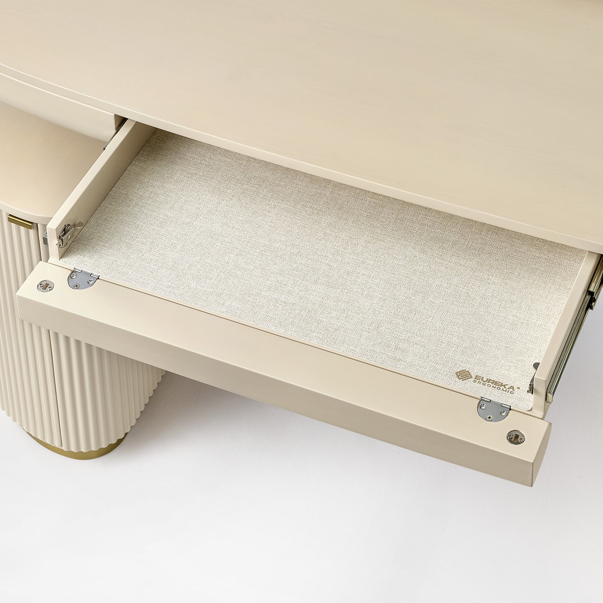 Eureka Ergonomic Opal Oval Executive Standing Desk Detail With Beige Drawer and Storage. Ergonomic Office Furniture.