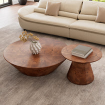 Brown Round Coffee Table Set With Wooden Veneer Surface, a Stylish Addition to Any Living Space.