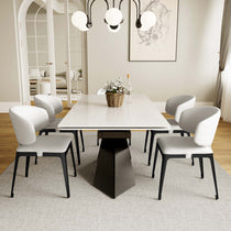 Chateau Dining Set With Off-White Chairs. Modern Dining Room With White Table and Black Base. Chic Dining Furniture.